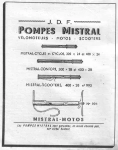 Dunois advertisement from L'Officiel du cycle, 30 March 1957, page 10: four tire pumps drawn in line and stacked one above another inside a heavy shadowed frame, each over its caption: a slim frame pump for cycles and mopeds, a longer and stouter "Confort" pump, a scooter pump with a clip and a coiled connector hose, and at the foot a large motorcycle pump with a flexible hose, an upright bar at one end and a crosswise T-shaped fitting at the other.