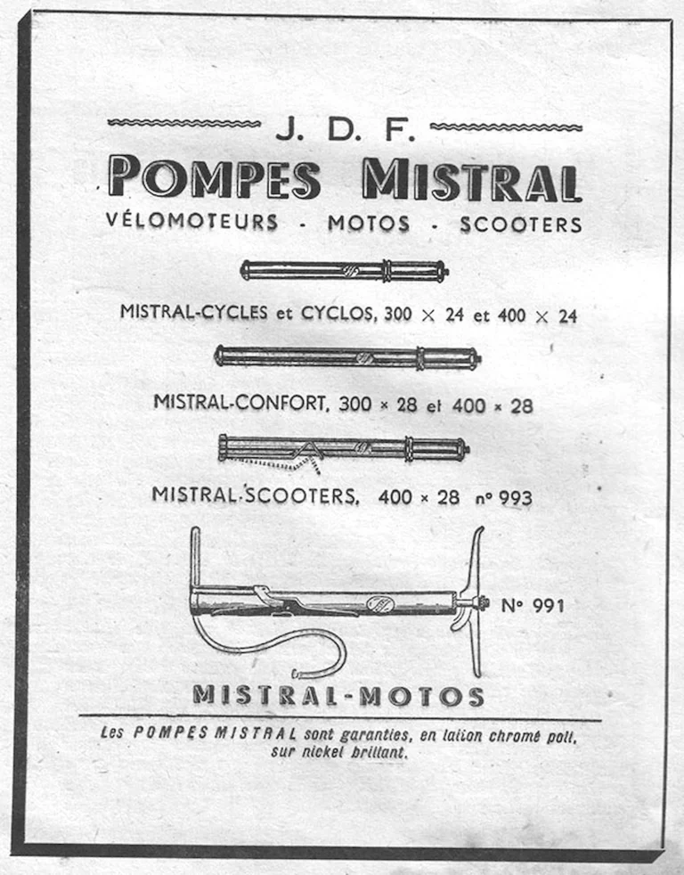 Dunois March 1957 Advertisement — The J.D.F. Mistral Pumps for Cycles, Motorcycles and Scooters — page 1 of 1