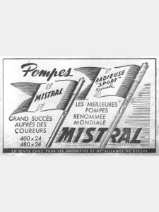 Dunois advertisement from L'Officiel du cycle, 13 April 1957, page 42: two long frame pumps cross the box on the slant in front of two waving flags drawn with heavy line shading, the left flag lettered Mistral and the right one Radieuse "Sport" Spéciale.