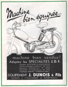 Dunois advertisement from L'Officiel du cycle, 22 June 1957, page 30: a moped is drawn in line from the rear three-quarter view, its front wheel running out of the left edge of the picture, fitted with the J.D.F.