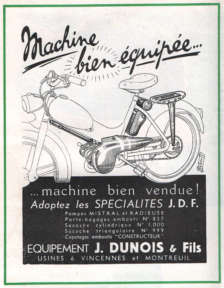 Dunois 22 June 1957 Advertisement — A Well-Equipped Machine Sells Well, the J.D.F. Specialties, Drawn by Daniel Rebour — page 1 of 1