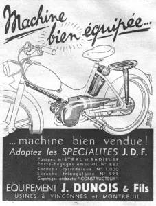 Dunois advertisement from L'Officiel du cycle, 8 June 1957, page 16: a moped is drawn in line from the rear three-quarter view, its front wheel running out of the left edge of the picture, fitted with the J.D.F.