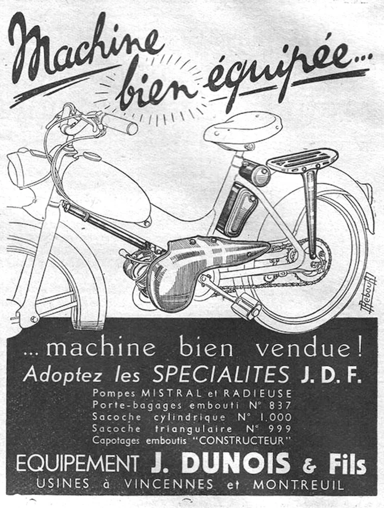Dunois June 1957 Advertisement — A Well-Equipped Machine Sells Well, the J.D.F. Specialties, Drawn by Daniel Rebour — page 1 of 1
