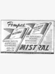 Dunois advertisement from L'Officiel du cycle, 6 July 1957, page 34: two long frame pumps cross the box on the slant in front of two waving flags drawn with heavy line shading, the left flag lettered Mistral and the right one Radieuse "Sport" Spéciale.