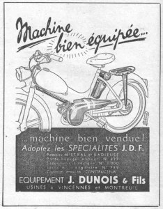 Dunois advertisement from L'Officiel du cycle, 23 November 1957, page 20: a moped is drawn in line from the rear three-quarter view, its front wheel running out of the left edge of the picture, fitted with the J.D.F.