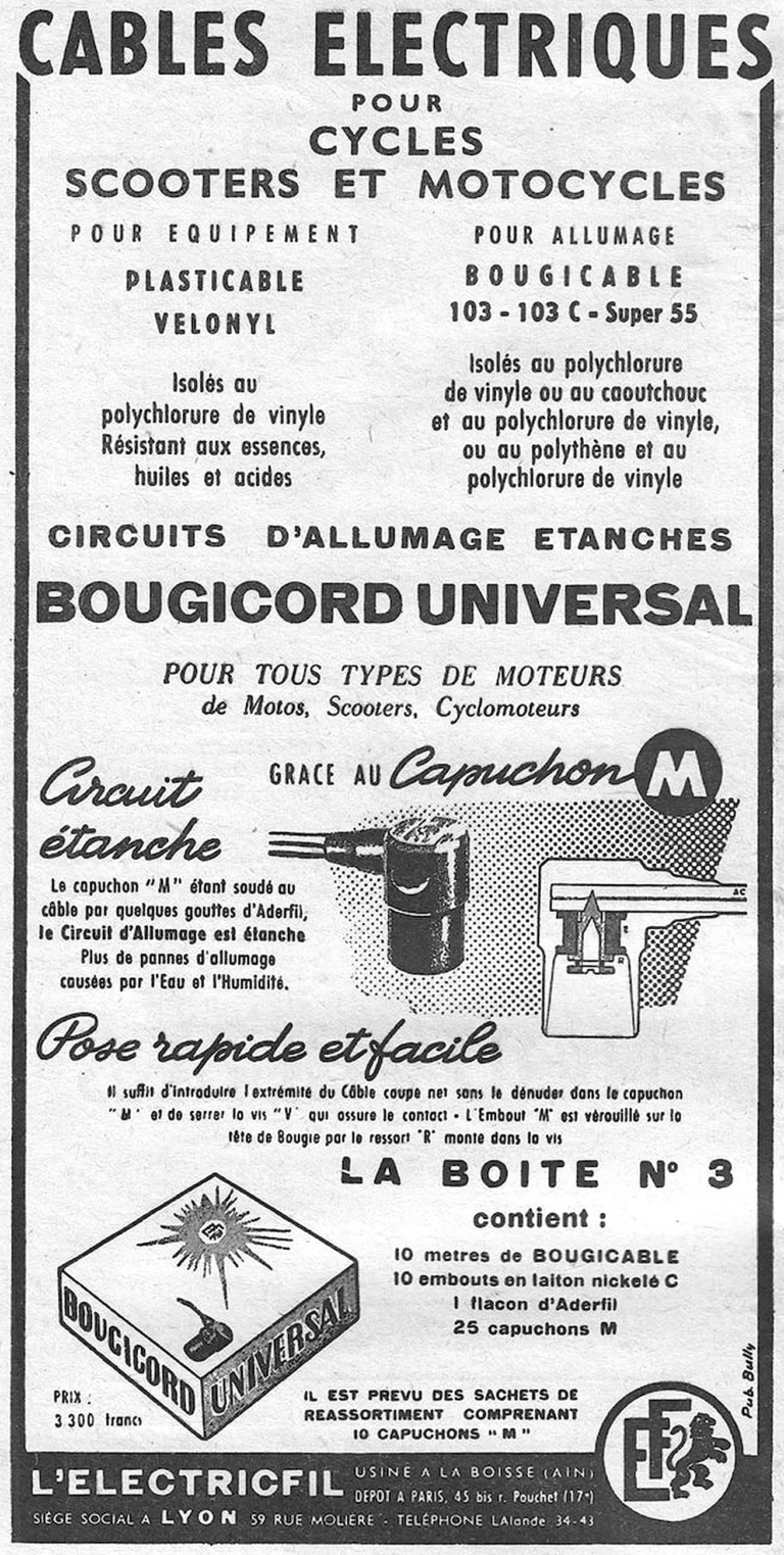 L'Electricfil 1957 Advertisement — Electric Cables for Cycles, Scooters and Motorcycles — page 1 of 1