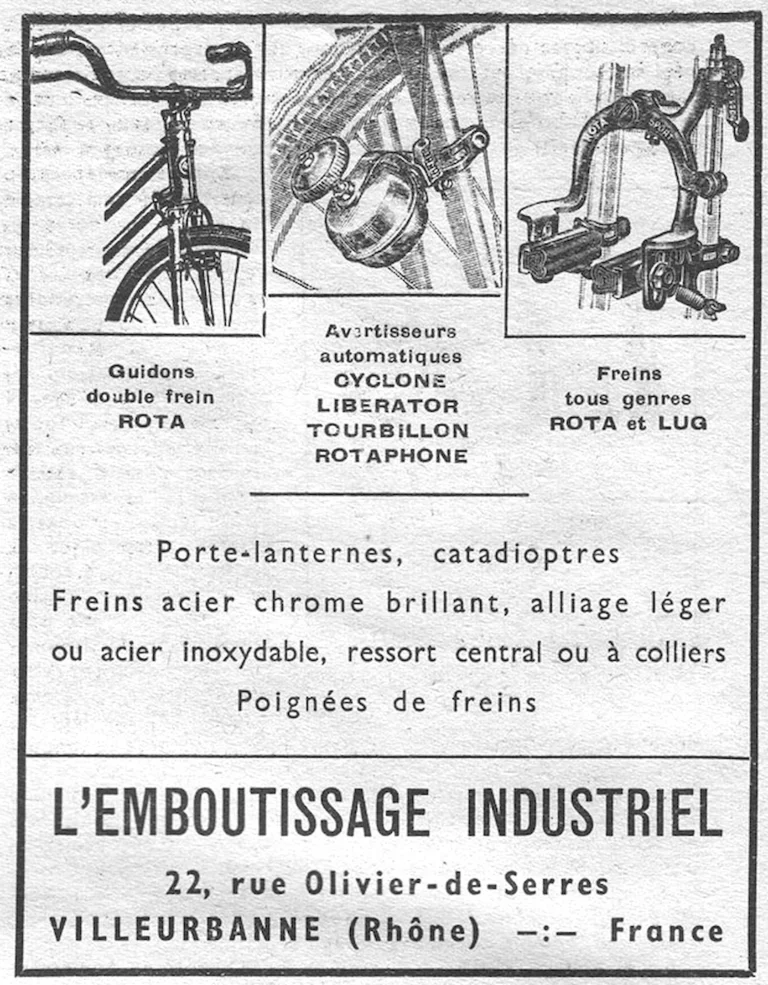 L'Emboutissage Industriel 1957 Advertisement — Rota and Lug Brakes, Bells and Brake Levers — page 1 of 1
