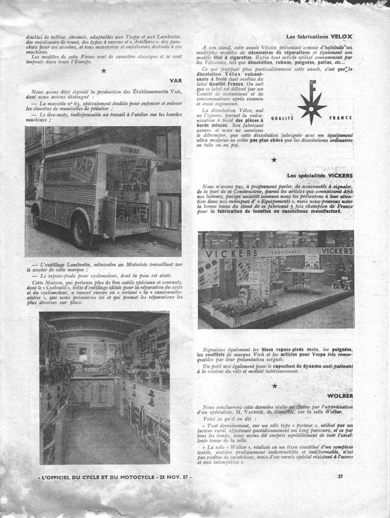 Équipements & Outillage, the Salon 1957 — L'Officiel du cycle, 23 November 1957 — page 6 of 6