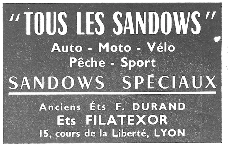 F. Durand December 1957 Advertisement — All the Sandows for Car, Motorcycle and Bicycle, Filatexor — page 1 of 1