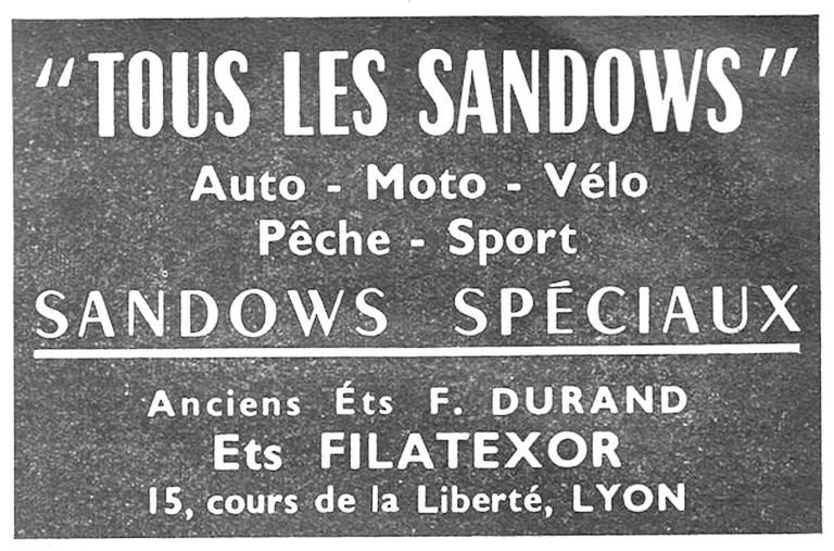F. Durand 1957 Advertisement — All the Sandows for Car, Motorcycle and Bicycle, Filatexor — page 1 of 1