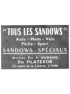 F. Durand advertisement from L'Officiel du cycle, 30 March 1957, page 28: a plain lettered panel with every line reversed out in white on solid black, the slogan in tall condensed capitals at the head and a thin white rule dividing the elastic-cord offer from the firm's name and Lyon address below; there is no picture.