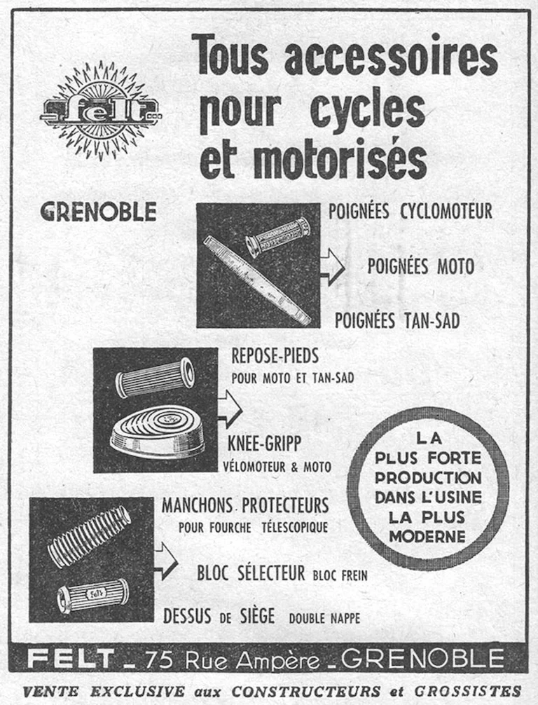 Felt 1957 Advertisement — All Accessories for Cycles and Motor Two-Wheelers, Grenoble — page 1 of 1