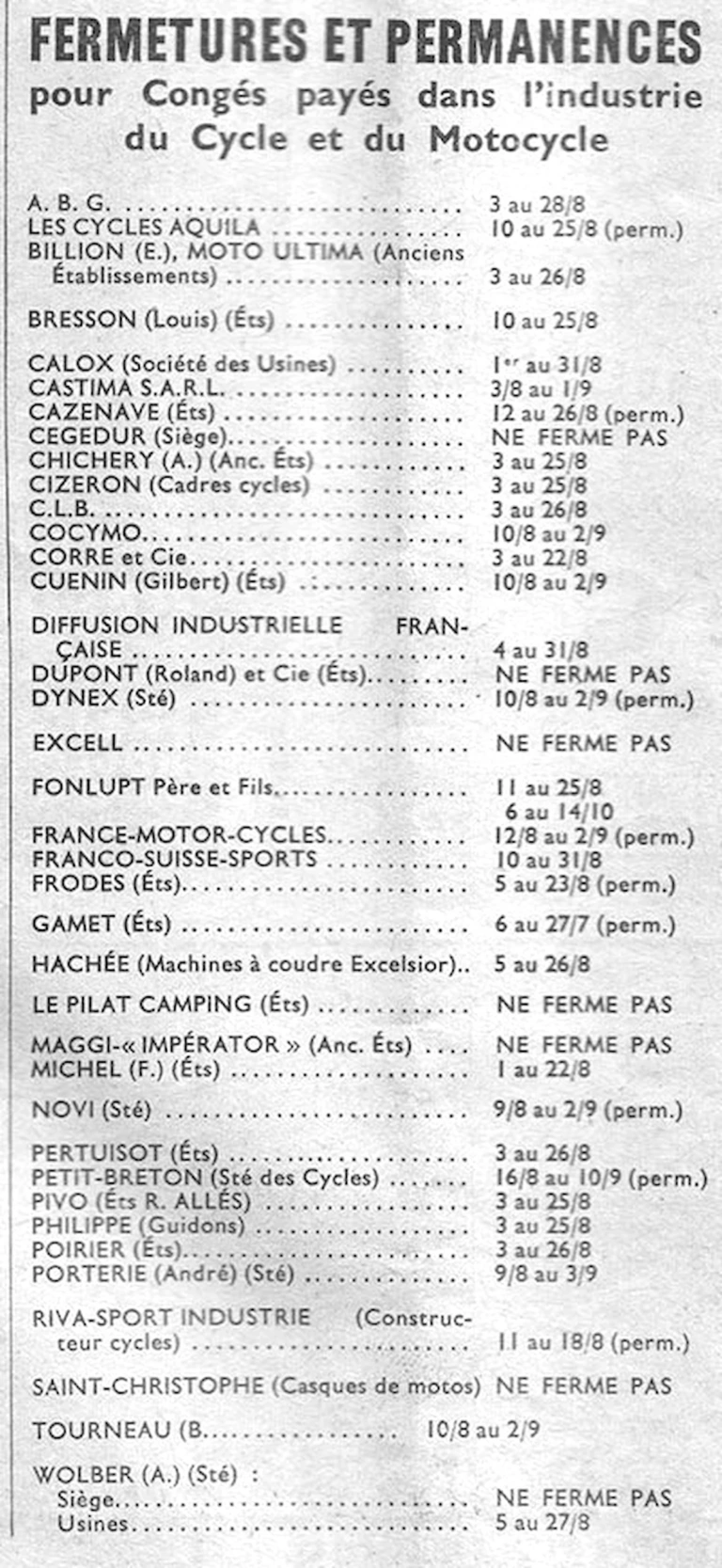 Fermetures et permanences pour congés payés dans l'industrie du cycle et du motocycle — L'Officiel du cycle, 6 July 1957 — page 1 of 1