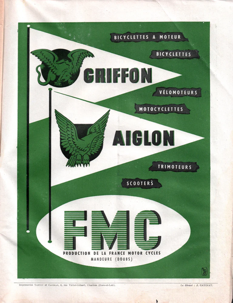 FMC 1957 Advertisement — Griffon and Aiglon Bicycles, Vélomoteurs and Scooters — page 1 of 1