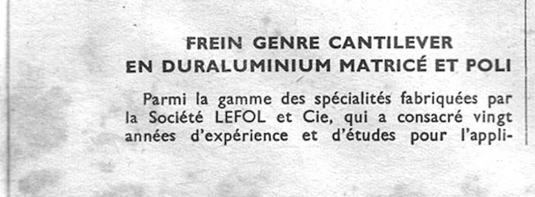 Frein genre Cantilever en duraluminium matricé et poli — L'Officiel du cycle, 13 April 1957, a Lefol Brake — page 1 of 2