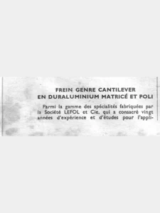 The heading "Frein genre Cantilever en duraluminium matricé et poli" from L'Officiel du cycle, 13 April 1957, page 17.