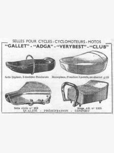 Gallet advertisement from L'Officiel du cycle, 19 January 1957, page 18: four saddles are drawn in fine line inside a ruled frame, each with its caption beneath: a long two-seat saddle with a grab loop, a deep single-seat saddle, a sprung moped saddle on coil springs and a padded rear pillion seat with a tubular grab handle.
