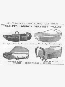 Gallet advertisement from L'Officiel du cycle, 16 February 1957, page 20: four saddles are drawn in fine line inside a ruled frame, each with its caption beneath: a long two-seat saddle with a grab loop, a deep single-seat saddle, a sprung moped saddle on coil springs and a padded rear pillion seat with a tubular grab handle.