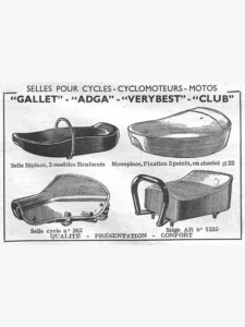 Gallet advertisement from L'Officiel du cycle, 2 February 1957, page 21: four saddles are drawn in fine line inside a ruled frame, each with its caption beneath: a long two-seat saddle with a grab loop, a deep single-seat saddle, a sprung moped saddle on coil springs and a padded rear pillion seat with a tubular grab handle.
