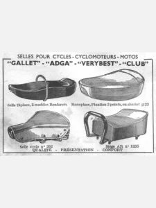 Gallet advertisement from L'Officiel du cycle, 30 March 1957, page 23: four saddles are drawn in fine line inside a ruled frame, each with its caption beneath: a long two-seat saddle with a grab loop, a deep single-seat saddle, a sprung moped saddle on coil springs and a padded rear pillion seat with a tubular grab handle.