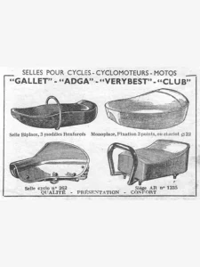 Gallet advertisement from L'Officiel du cycle, 13 April 1957, page 38: four saddles are drawn in fine line inside a ruled frame, each with its caption beneath: a long two-seat saddle with a grab loop, a deep single-seat saddle, a sprung moped saddle on coil springs and a padded rear pillion seat with a tubular grab handle.
