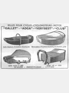 Gallet advertisement from L'Officiel du cycle, 8 June 1957, page 31: four saddles are drawn in fine line inside a ruled frame, each with its caption beneath: a long two-seat saddle with a grab loop, a deep single-seat saddle, a sprung moped saddle on coil springs and a padded rear pillion seat with a tubular grab handle.