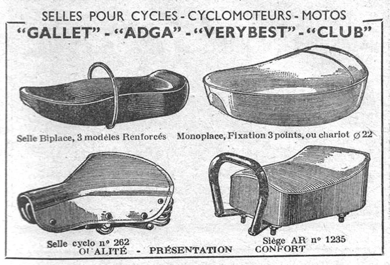 Gallet 1957 Advertisement — Gallet, Adga, Verybest and Club Saddles for Cycles — page 1 of 1