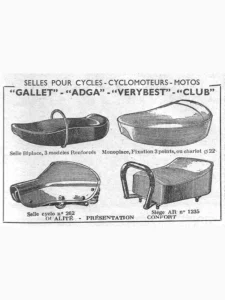 Gallet advertisement from L'Officiel du cycle, 23 November 1957, page 23: four saddles are drawn in fine line inside a ruled frame, each with its caption beneath: a long two-seat saddle with a grab loop, a deep single-seat saddle, a sprung moped saddle on coil springs and a padded rear pillion seat with a tubular grab handle.
