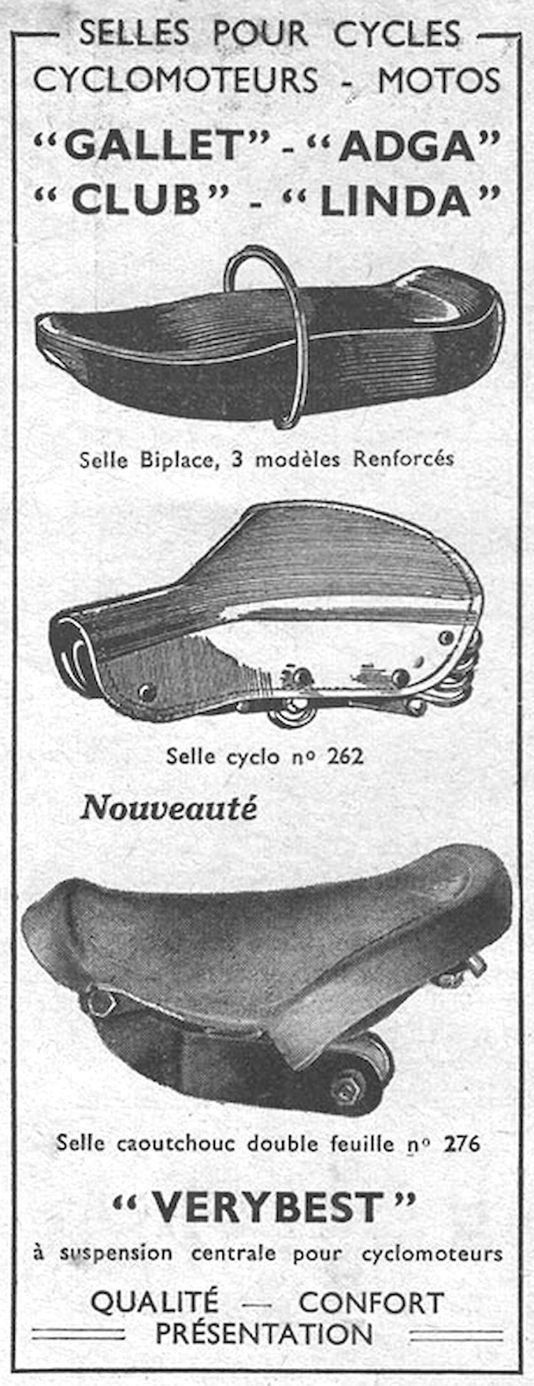 Gallet December 1957 Advertisement — Gallet, Adga, Club, Linda and Verybest Saddles — page 1 of 1