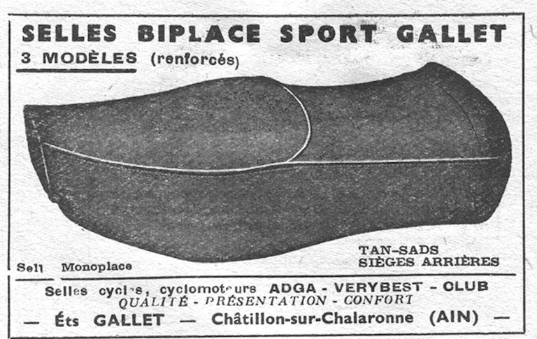 Gallet 1957 Advertisement — Two-Seat Sport Saddles and Cycle Saddles — page 1 of 1