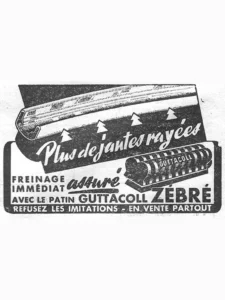 Guttacoll advertisement from L'Officiel du cycle, 5 January 1957, page 12: a length of wheel rim drawn in section runs across the head of a dark panel, with white arrows pointing up at its braking face, and a zebra-striped brake block marked with the brand name lies at the lower right; the script slogan is reversed out in white across the panel and the closing line is reversed out of the black frame at the foot.
