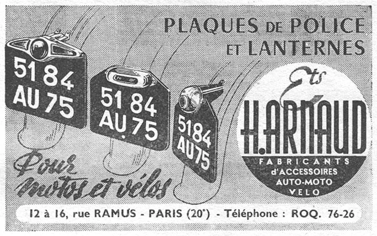 H. Arnaud 16 February 1957 Advertisement — Number Plates and Lamps for Motorcycles and Bicycles — page 1 of 1
