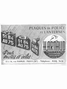 H. Arnaud advertisement from L'Officiel du cycle, 22 June 1957, page 36: three black number plates with built-in lamps are drawn against a gray screened ground, each fixed to the curve of a sketched mudguard: a wide plate under a winged lamp housing, a second under a ribbed lamp box and a narrow third plate with a round lamp on a stem.