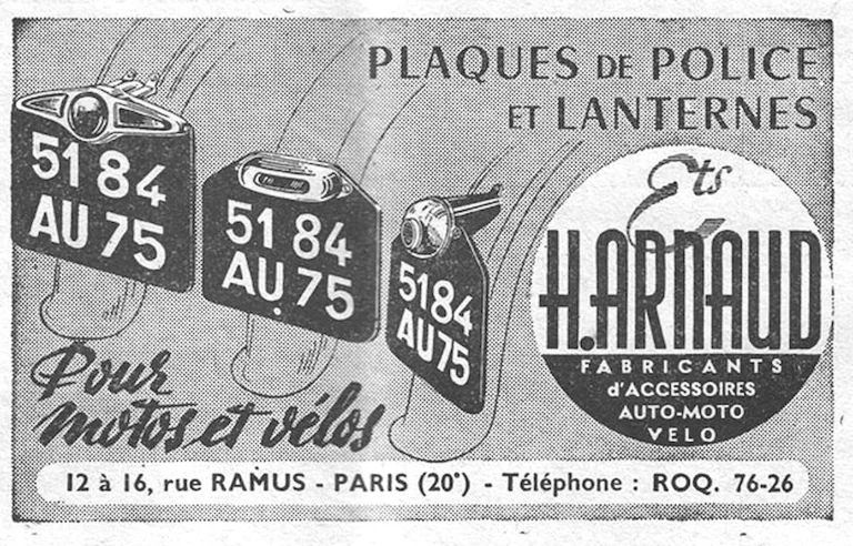 H. Arnaud December 1957 Advertisement — Number Plates and Lamps for Motorcycles and Bicycles — page 1 of 1