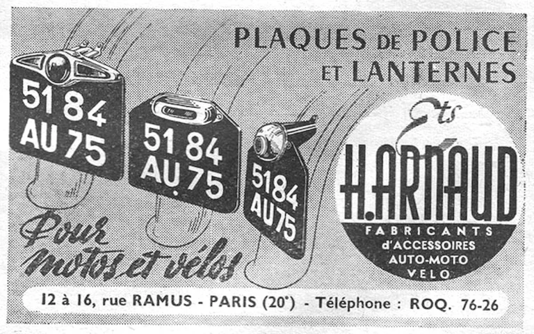 H. Arnaud 1957 Advertisement — Number Plates and Lamps for Motorcycles and Bicycles — page 1 of 1