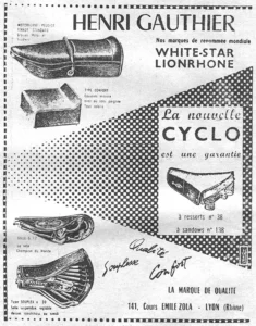 Henri Gauthier advertisement from L'Officiel du cycle, 19 January 1957, page 16: Drawings of five saddles sit inside a dotted frame: a long dual motorcycle saddle with a strap across it, a foam cushion of the Type Confort, the new Cyclo saddle on coil springs in a ruled panel, the Selle G 17 and the sprung Type Souplex.