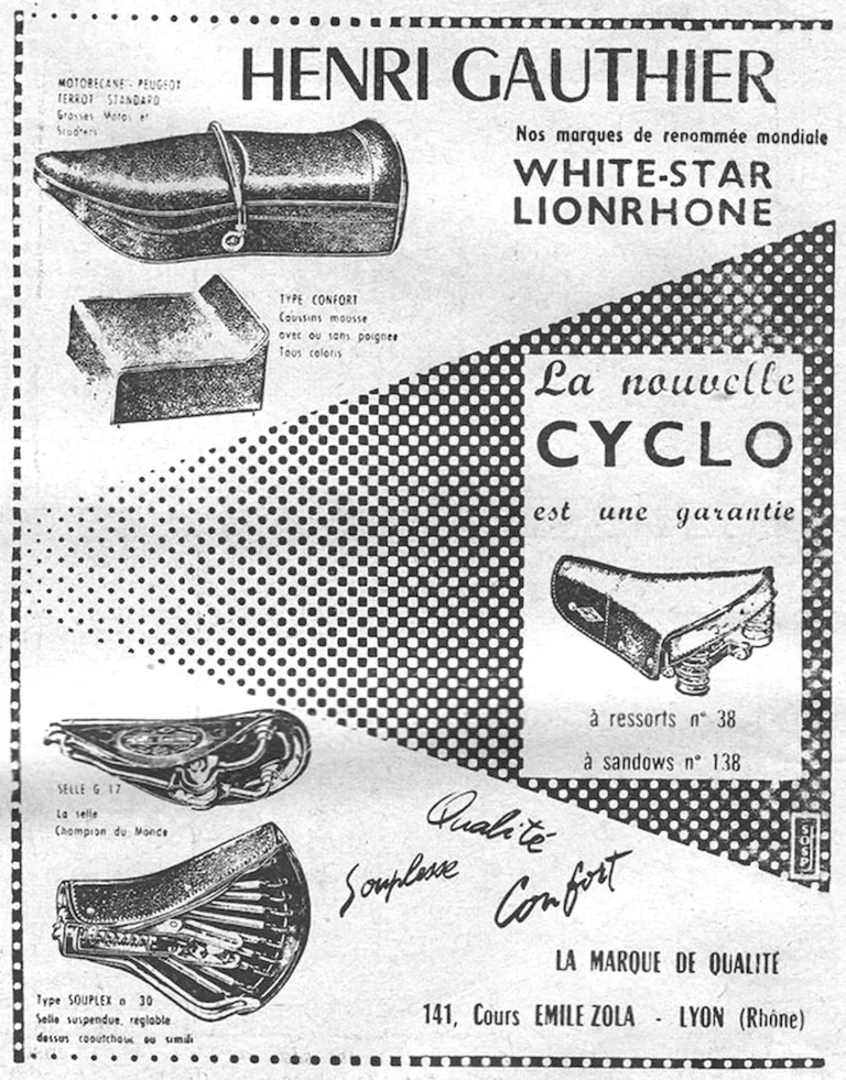 Henri Gauthier January 1957 Advertisement — White-Star and Lionrhone, the New Cyclo Saddle — page 1 of 1