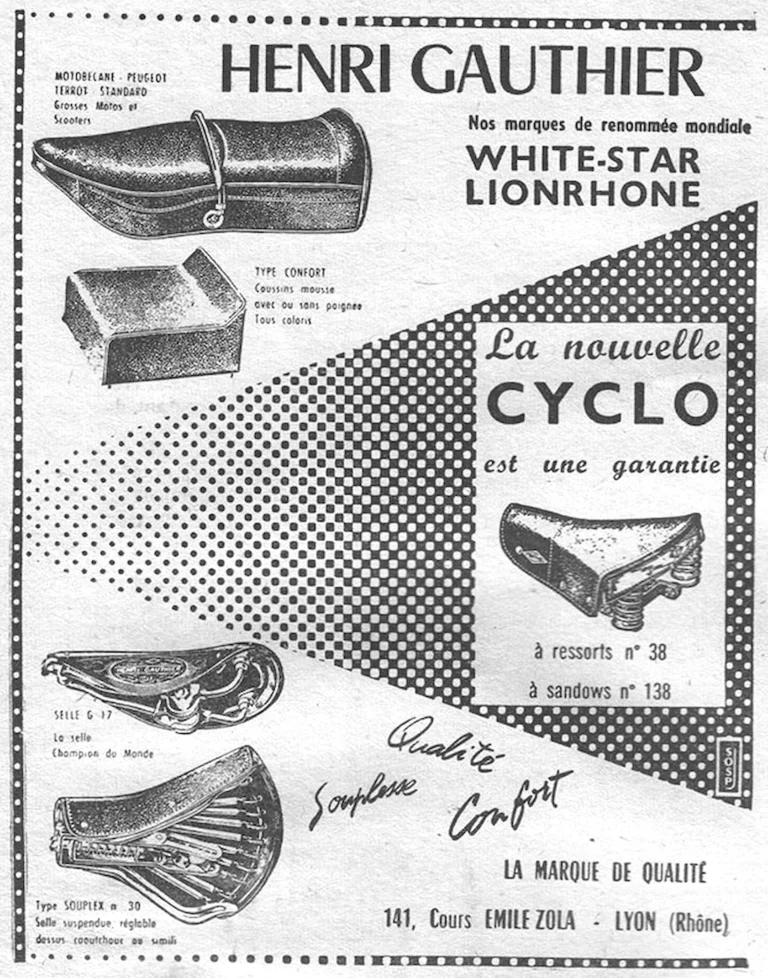 Henri Gauthier 16 February 1957 Advertisement — White-Star and Lionrhone, the New Cyclo Saddle — page 1 of 1