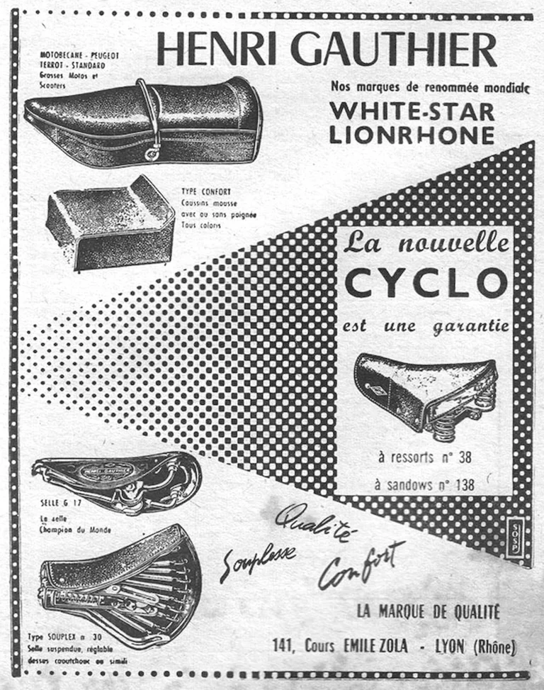 Henri Gauthier March 1957 Advertisement — White-Star and Lionrhone, the New Cyclo Saddle — page 1 of 1