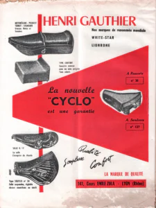 Henri Gauthier advertisement from L'Officiel du cycle, 23 November 1957, page 30: Drawings of five saddles are printed in black on a full page laid out with red: a long dual motorcycle saddle with a grab strap at the top left, a foam seat cushion of the Type Confort below it, the new Cyclo saddle on coil springs in a pale cut-out at the right, and at the lower left the Selle G.