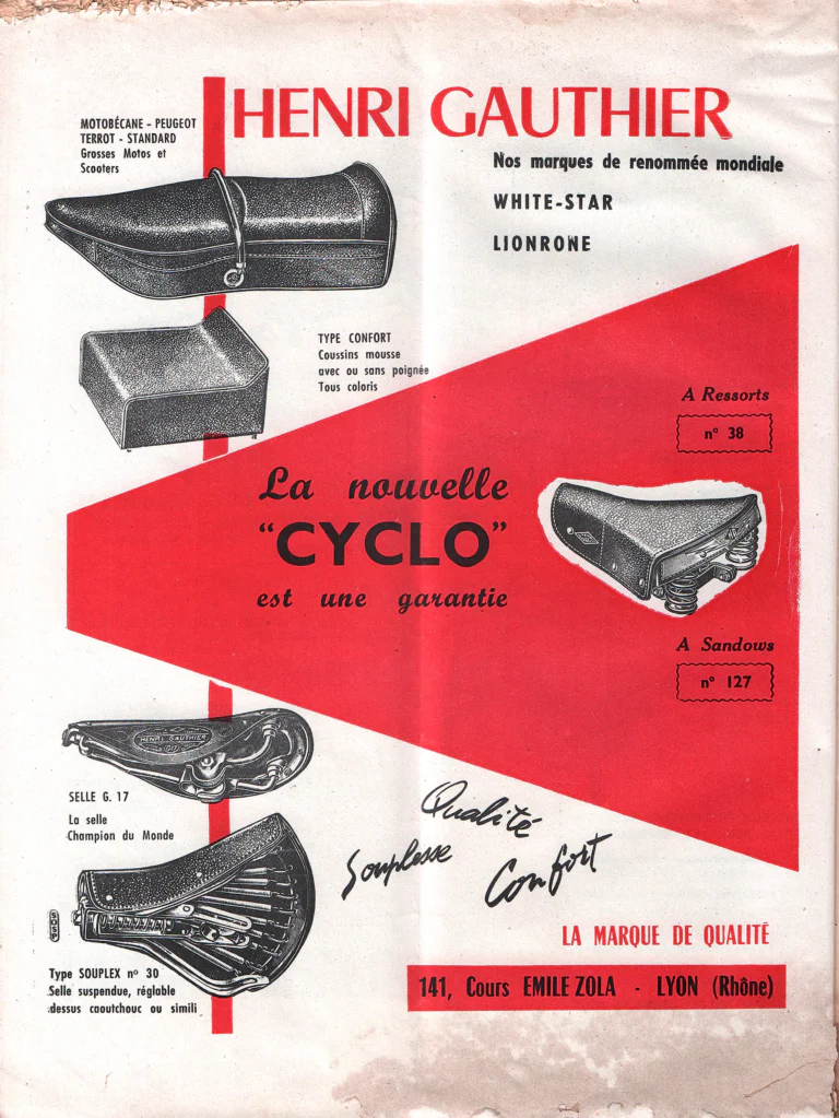 Henri Gauthier November 1957 Advertisement — White-Star and Lionrone, the New Cyclo Saddle — page 1 of 1
