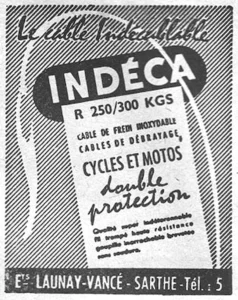 Indéca advertisement from L'Officiel du cycle, 7 December 1957, page 24: a brake cable loops in a broad white curve over a ground of fine diagonal ruling, with the INDÉCA name reversed out of a black rounded panel and a tilted light card below it carrying the product text.