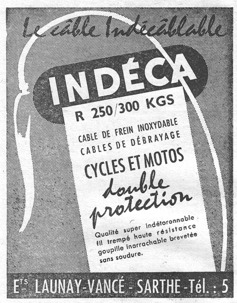 Indéca 1957 Advertisement — The Stainless Brake Cable That Will Not Unravel — page 1 of 1