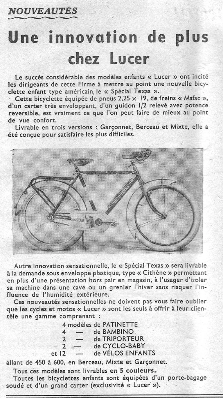 Une Innovation de plus chez Lucer — L'Officiel du cycle, 6 July 1957, the Spécial Texas Child's Bicycle — page 1 of 1