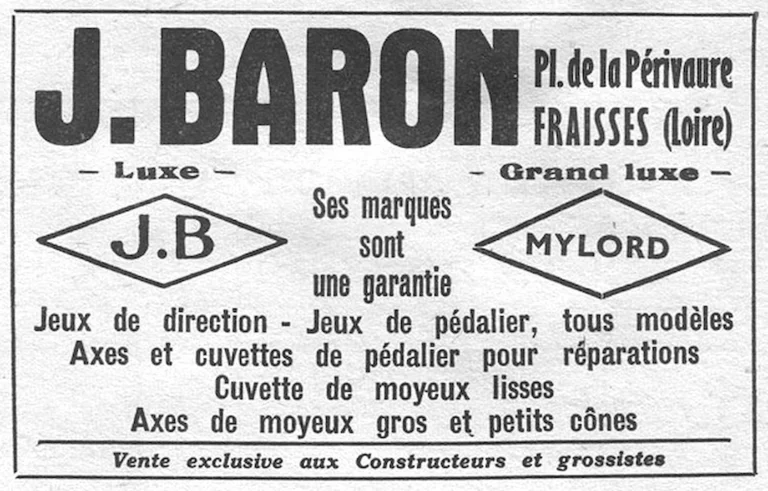 J. Baron February 1957 Advertisement — J.B and Mylord Steering Sets, Bottom Brackets and Pedals — page 1 of 1