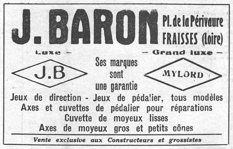 J. Baron 1957 Advertisement — J.B and Mylord Steering Sets, Bottom Brackets and Pedals — page 1 of 1