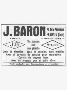 J. Baron advertisement from L'Officiel du cycle, 19 January 1957, page 16: a ruled box set entirely in type, with the name J.