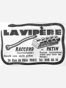 La Vipère advertisement from L'Officiel du cycle, 16 February 1957, page 18: a snake drawn as a thick black line coils right around the box, its head lifted over the heavy La Vipère name at the top.