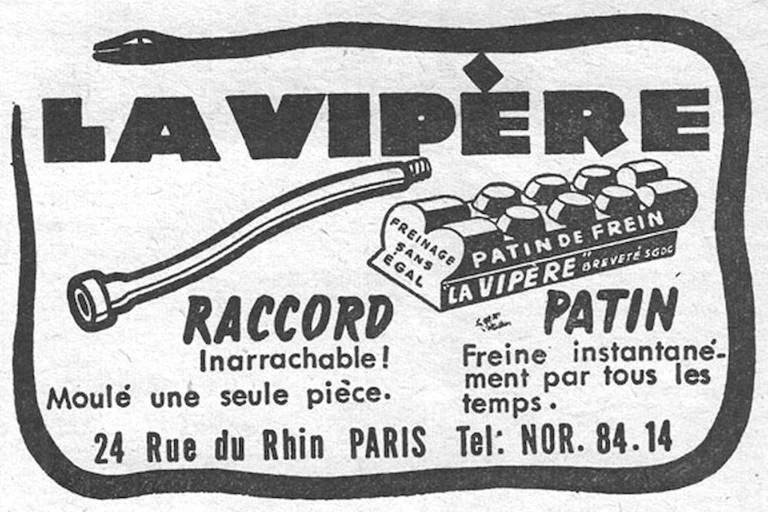 La Vipère April 1957 Advertisement — The Unpullable Connector and the Brake Block — page 1 of 1