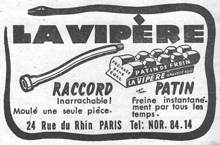 La Vipère June 1957 Advertisement — The Unpullable Connector and the Brake Block — page 1 of 1